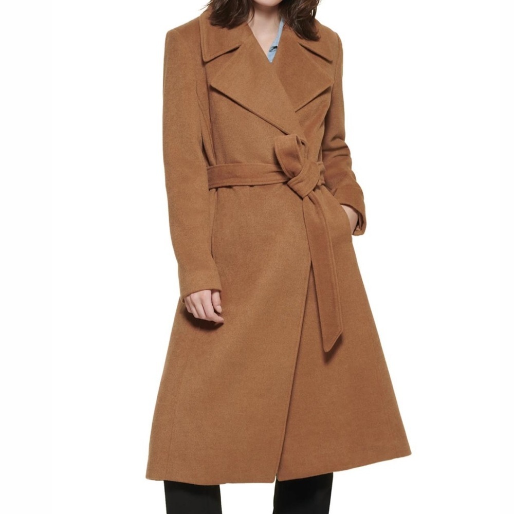 KARL LAGERFELD PARIS Camel Tan Midi Long Wool Blend Wrap Coat - Sz Large, NWT